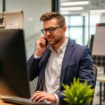 Person cold calling sitting in front of a computer